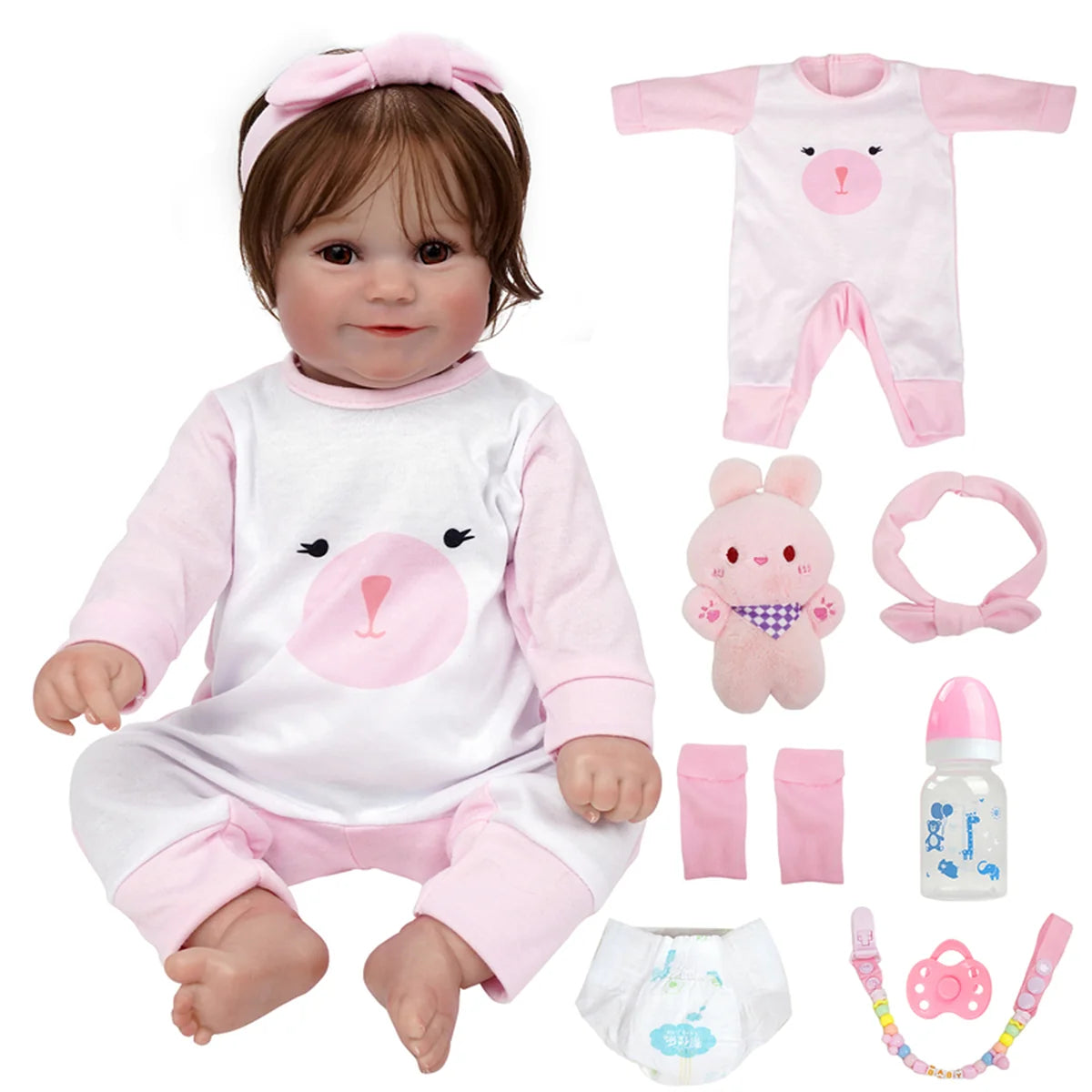Boneca Bebê Reborn Realista Silicone Conjunto de Roupa Chupeta Mamadeira e Pelúcia Pode Dar Banho Roupa