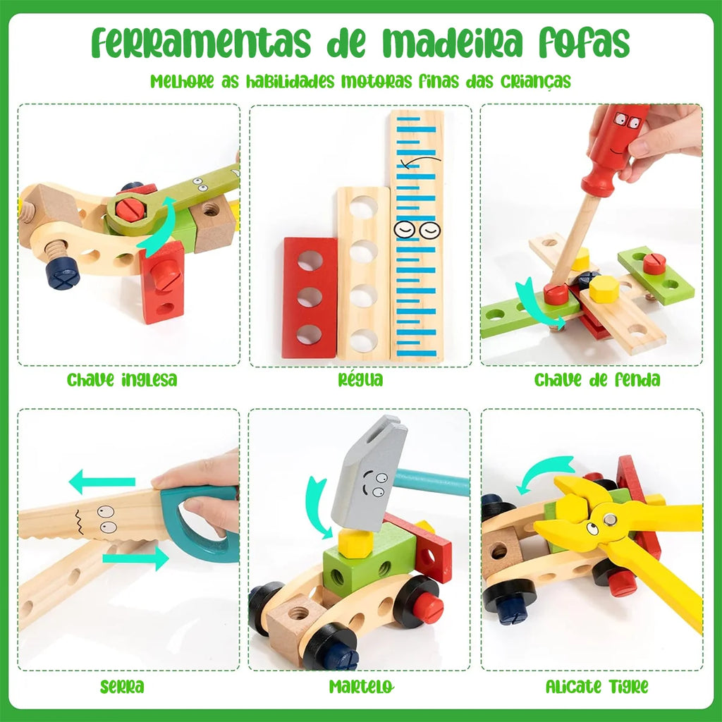 Kit Ferramentas De Madeira Infantil Jogo De Simulação Montessori Sensorial Didático Brinquedo Educativo Bloco de Montar