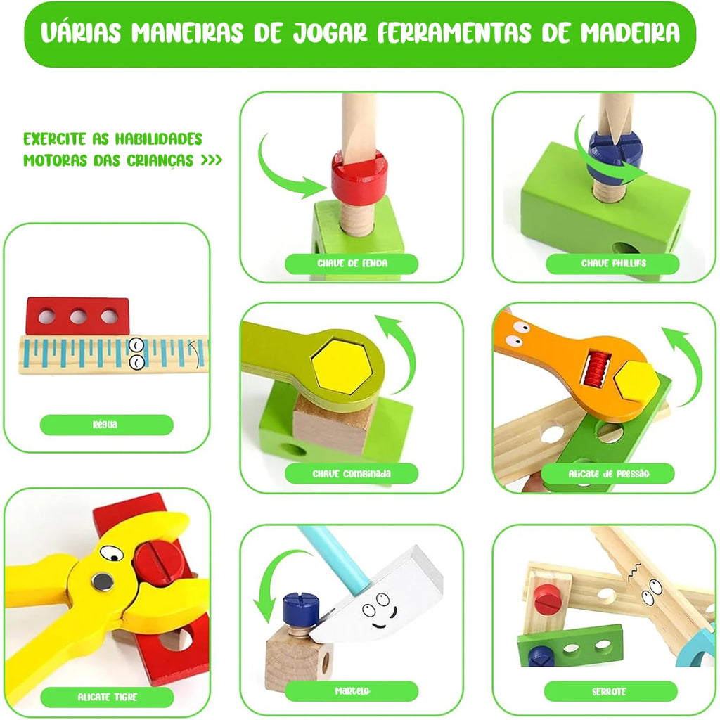Kit Ferramentas De Madeira Infantil Jogo De Simulação Montessori Sensorial Didático Brinquedo Educativo Bloco de Montar