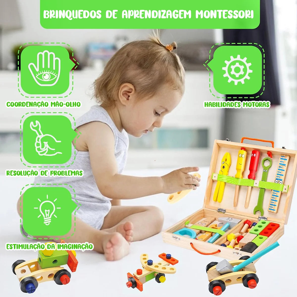 Kit Ferramentas De Madeira Infantil Jogo De Simulação Montessori Sensorial Didático Brinquedo Educativo Bloco de Montar