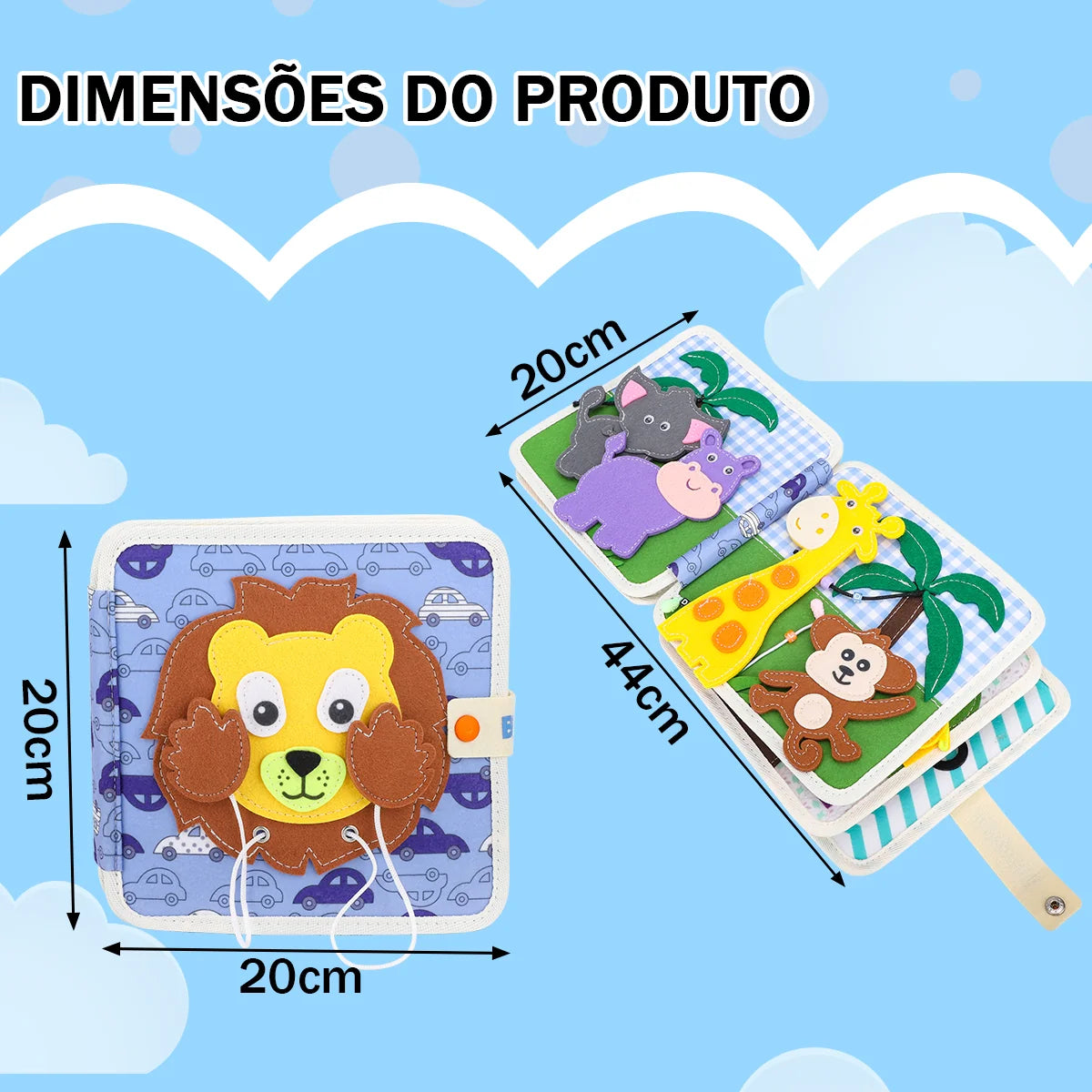 Livro Infantil para Bebê de Tecido Animais Montessori Sensorial Coordenação Atividades Brinquedo Educativo