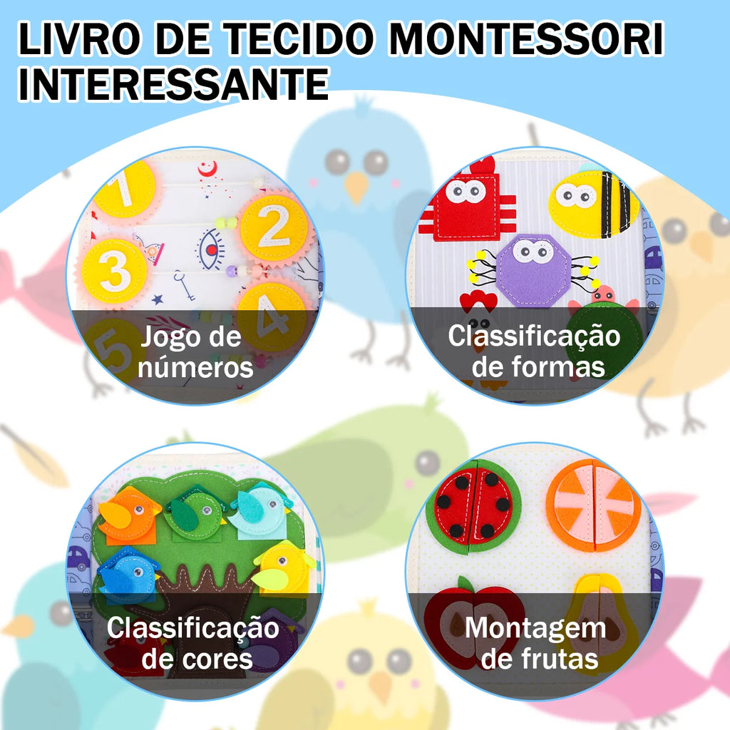 Livro Infantil para Bebê de Tecido Animais Montessori Sensorial Coordenação Atividades Brinquedo Educativo