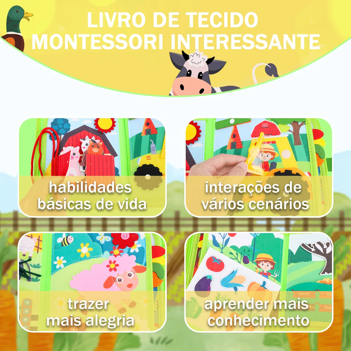 Livro Infantil para Bebê de Tecido Animais Montessori Sensorial Coordenação Atividades Brinquedo Educativo
