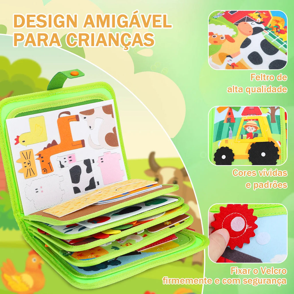Livro Infantil para Bebê de Tecido Animais Montessori Sensorial Coordenação Atividades Brinquedo Educativo