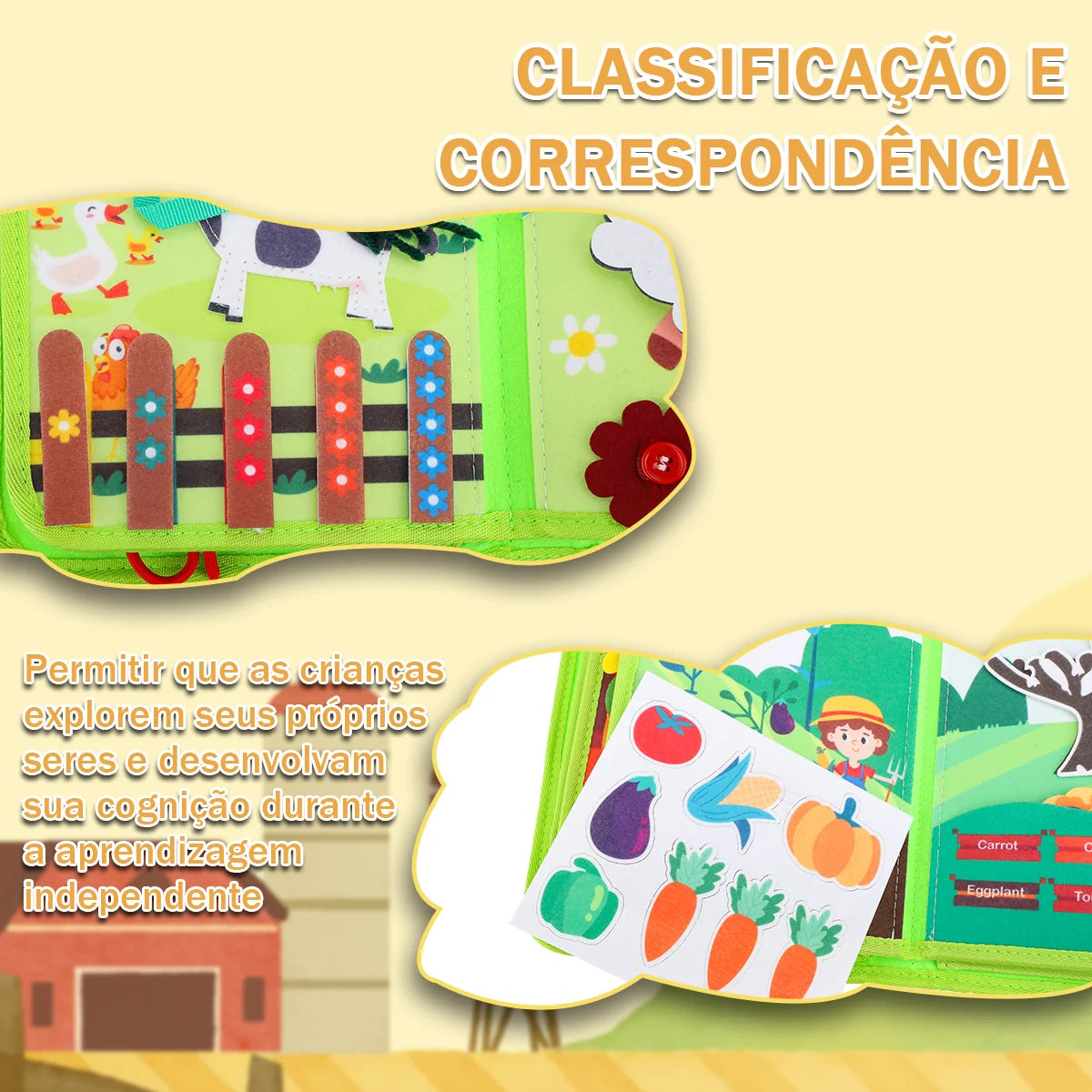 Livro Infantil para Bebê de Tecido Animais Montessori Sensorial Coordenação Atividades Brinquedo Educativo