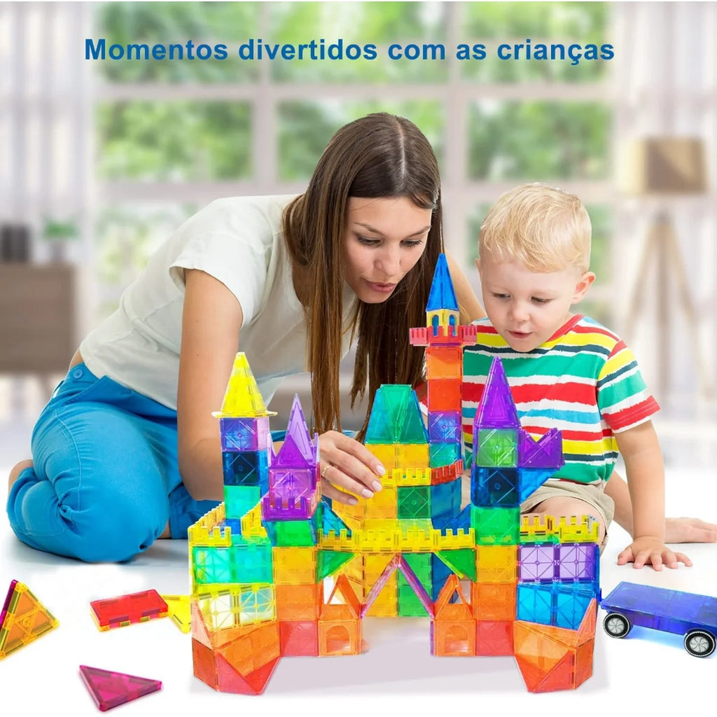Brinquedo Educativo Infantil Bloco de Montar Magnético 65 ou 130 Peças Coloridas Com Bolsa de Armazenamento Brastoy
