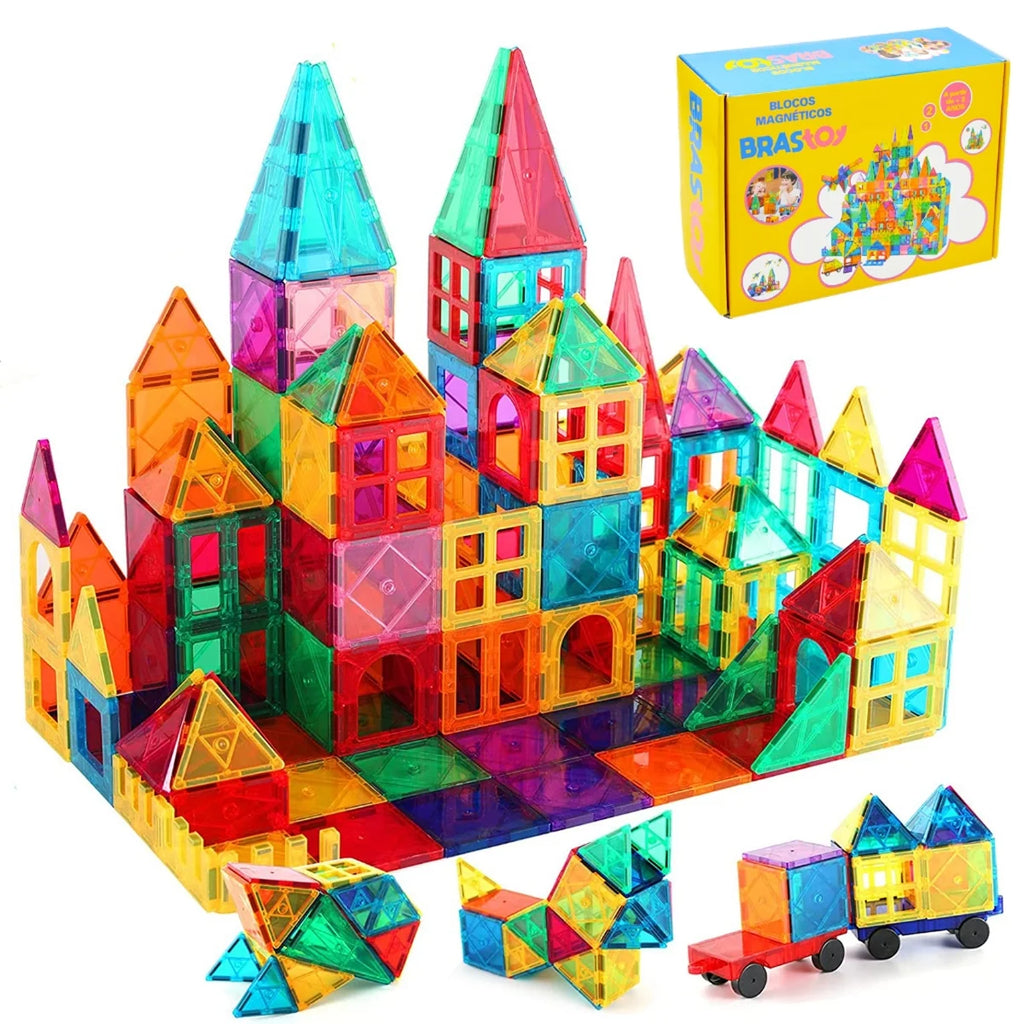 Brinquedo Educativo Infantil Bloco de Montar Magnético 65 ou 130 Peças Coloridas Com Bolsa de Armazenamento Brastoy