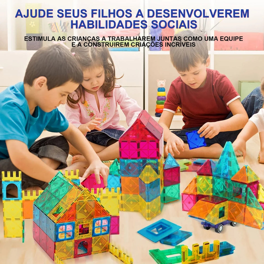 Brinquedo Educativo Infantil Bloco de Montar Magnético 65 ou 130 Peças Coloridas Com Bolsa de Armazenamento Brastoy