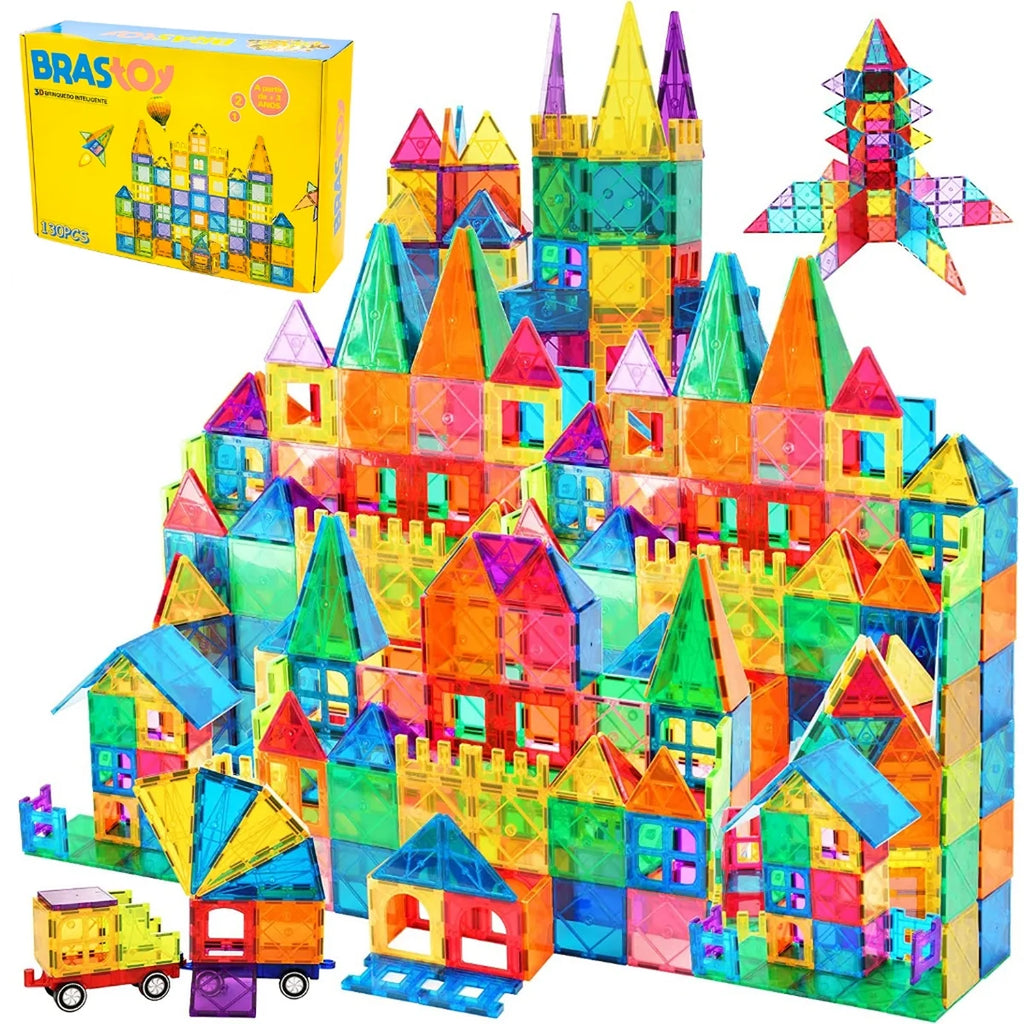 Brinquedo Educativo Infantil Bloco de Montar Magnético 65 ou 130 Peças Coloridas Com Bolsa de Armazenamento Brastoy