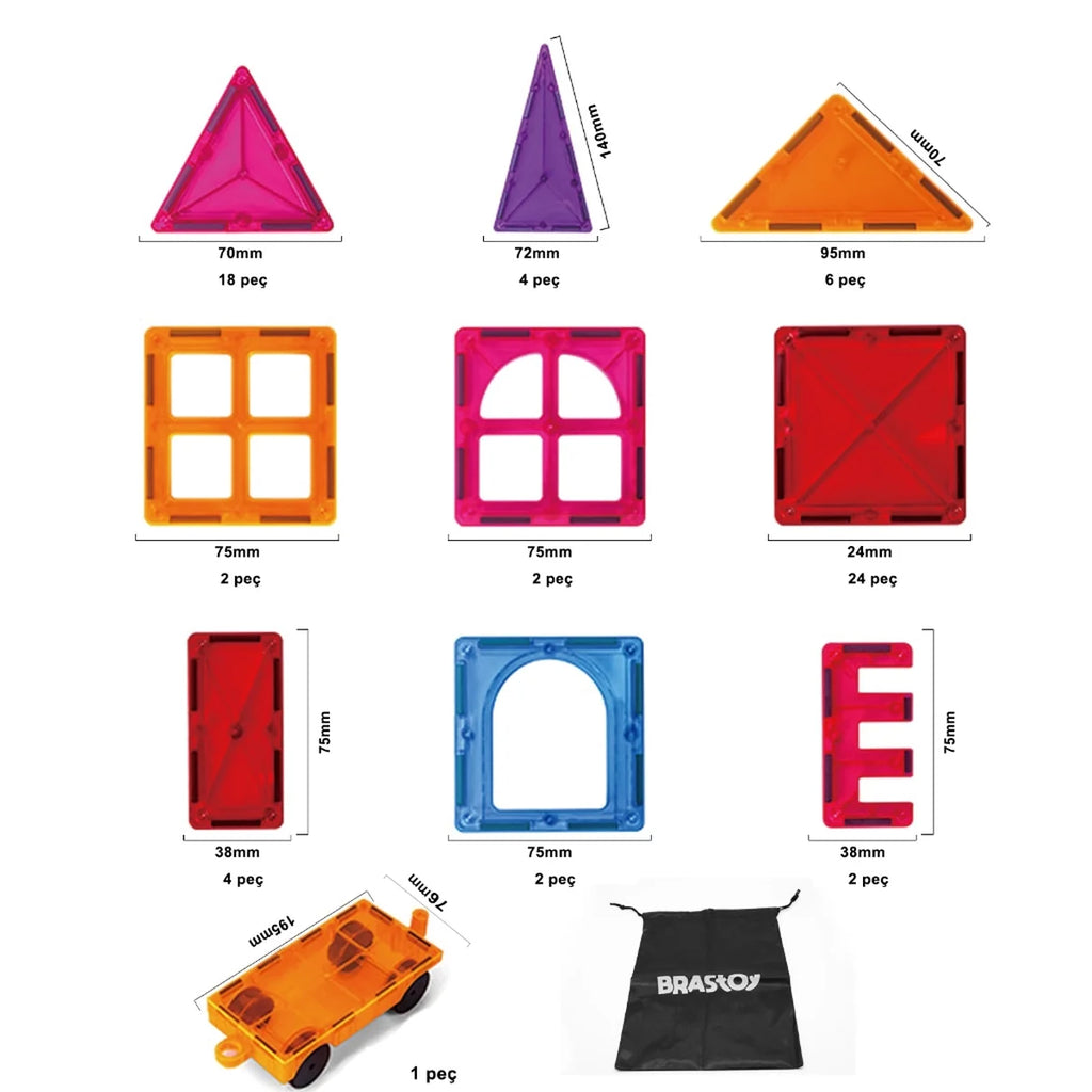 Brinquedo Educativo Infantil Bloco de Montar Magnético 65 ou 130 Peças Coloridas Com Bolsa de Armazenamento Brastoy