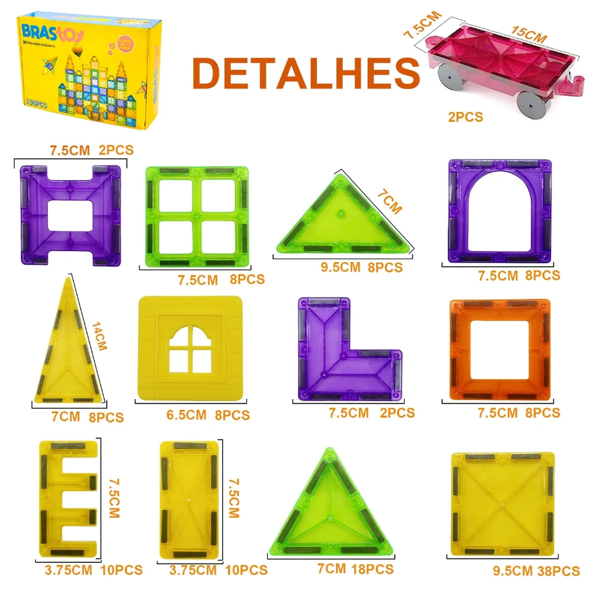 Brinquedo Educativo Infantil Bloco de Montar Magnético 65 ou 130 Peças Coloridas Com Bolsa de Armazenamento Brastoy