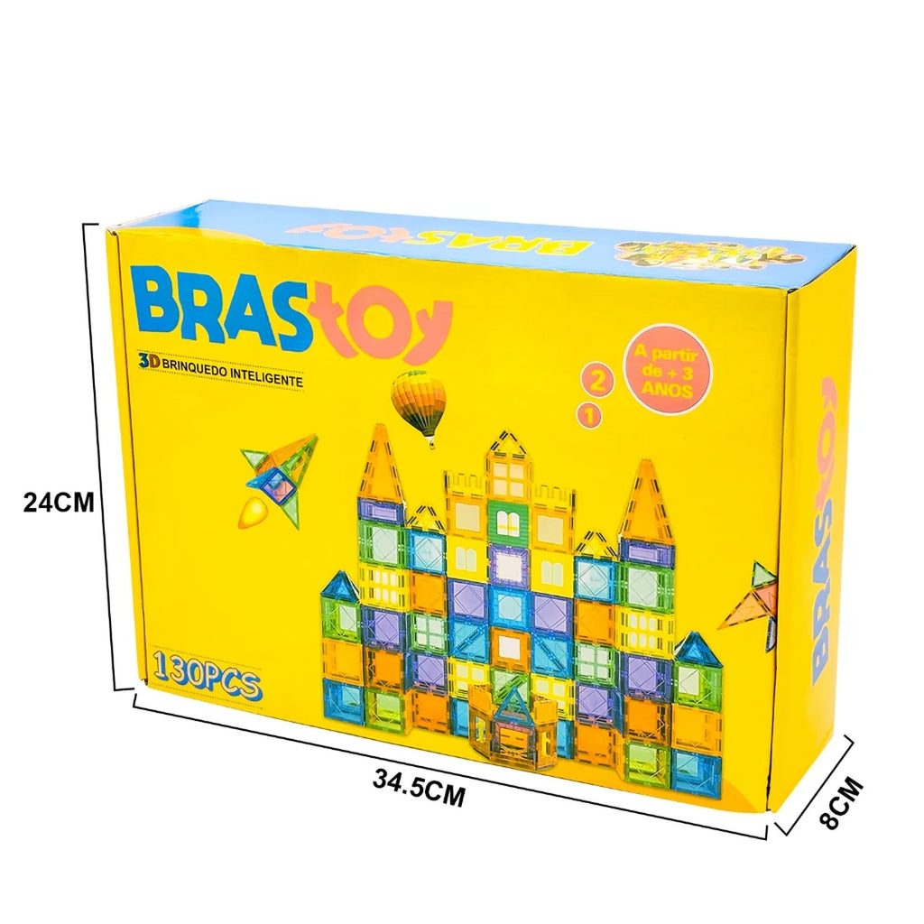 Brinquedo Educativo Infantil Bloco de Montar Magnético 65 ou 130 Peças Coloridas Com Bolsa de Armazenamento Brastoy