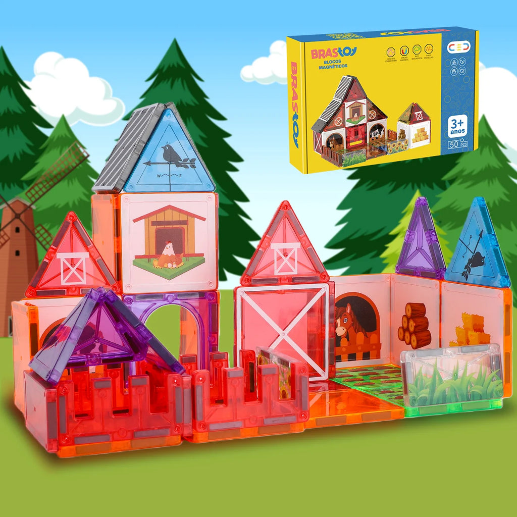 Blocos de Montar Magnéticos 50 Peças Brinquedo Educativo STEM Crianças 3 Anos BRASTOY