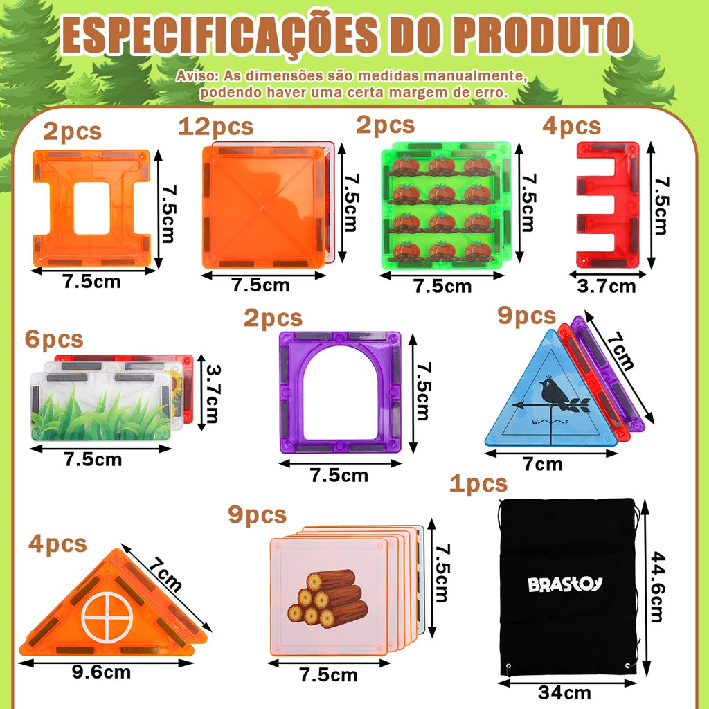 Blocos de Montar Magnéticos 50 Peças Brinquedo Educativo STEM Crianças 3 Anos BRASTOY