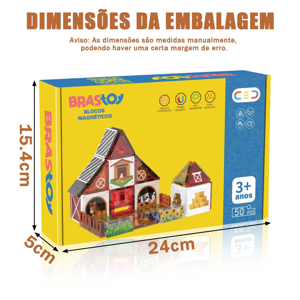 Blocos de Montar Magnéticos 50 Peças Brinquedo Educativo STEM Crianças 3 Anos BRASTOY
