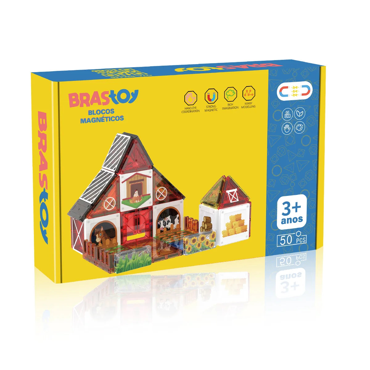 Blocos de Montar Magnéticos 50 Peças Brinquedo Educativo STEM Crianças 3 Anos BRASTOY