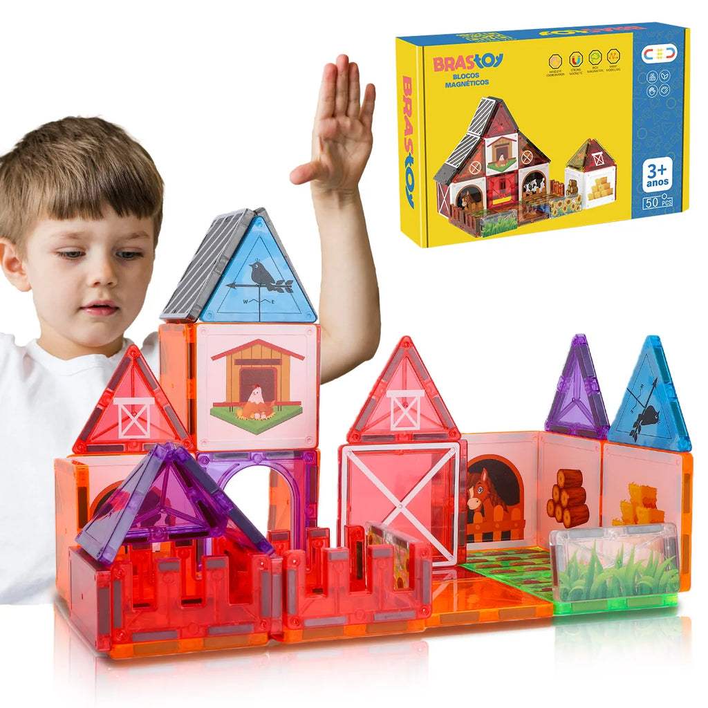 Blocos de Montar Magnéticos 50 Peças Brinquedo Educativo STEM Crianças 3 Anos BRASTOY