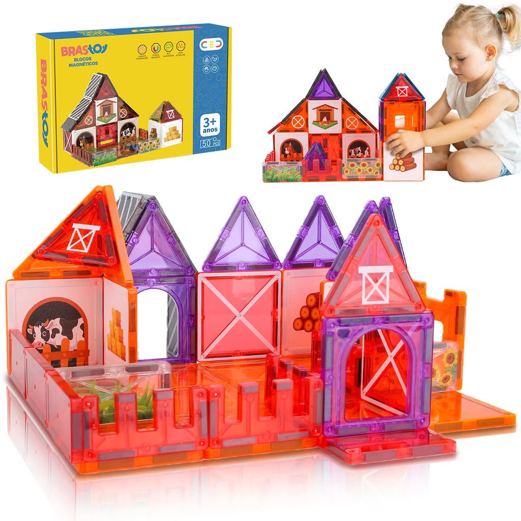 Blocos de Montar Magnéticos 50 Peças Brinquedo Educativo STEM Crianças 3 Anos BRASTOY