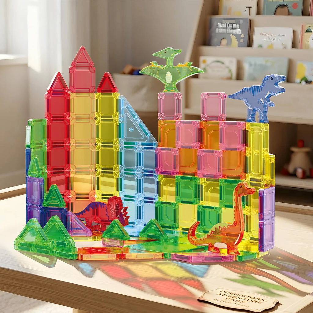 Blocos de Montar Magnéticos 108 Peças Brastoy Brinquedo Educativo Construção Tema Dinossauros