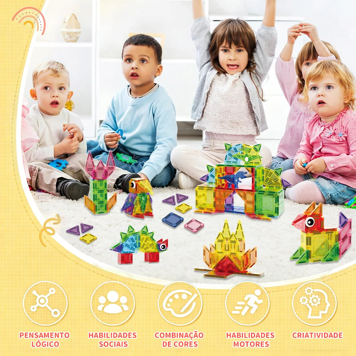 Blocos de Montar Magnéticos 108 Peças Brastoy Brinquedo Educativo Construção Tema Dinossauros