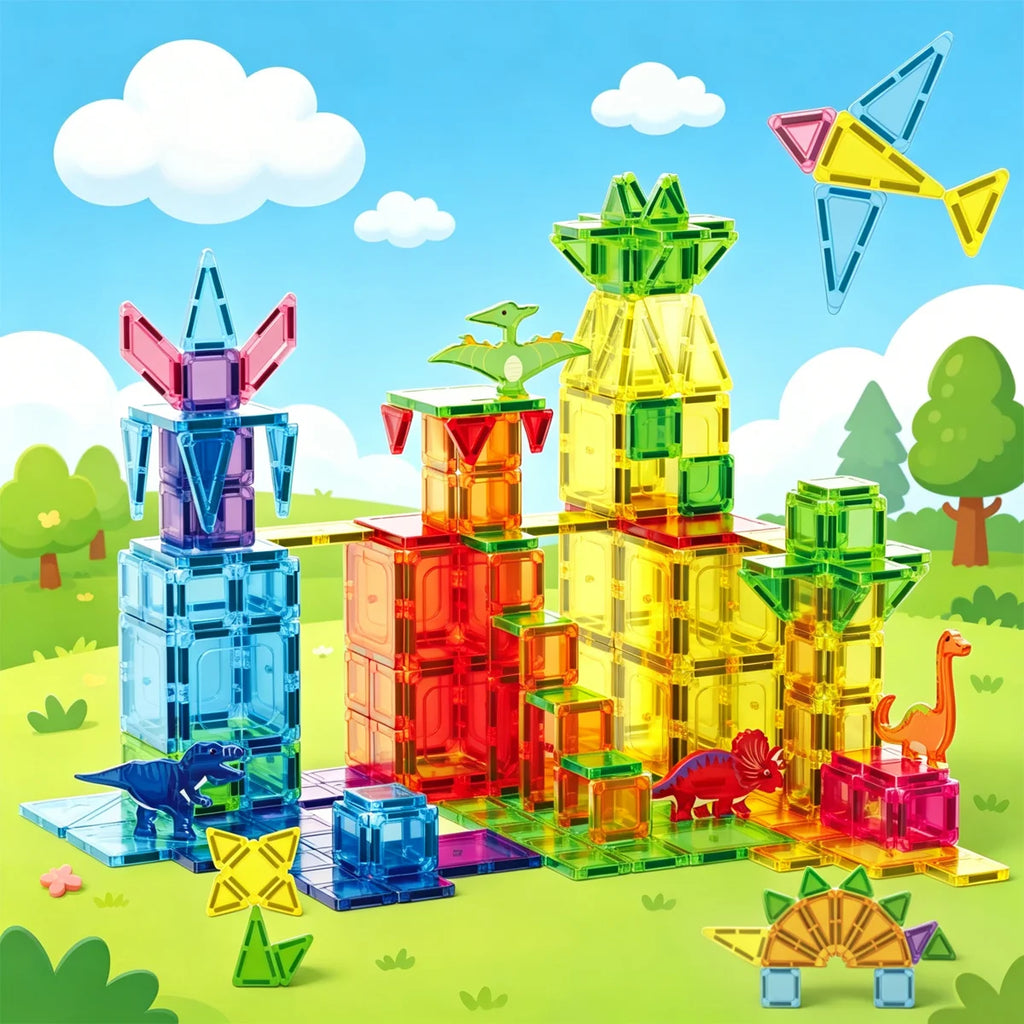 Blocos de Montar Magnéticos 108 Peças Brastoy Brinquedo Educativo Construção Tema Dinossauros