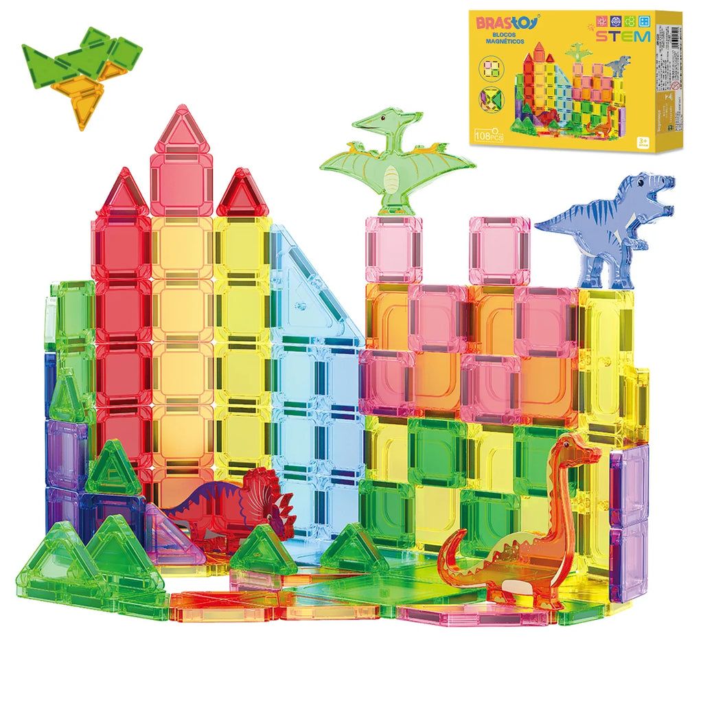 Blocos de Montar Magnéticos 108 Peças Brastoy Brinquedo Educativo Construção Tema Dinossauros