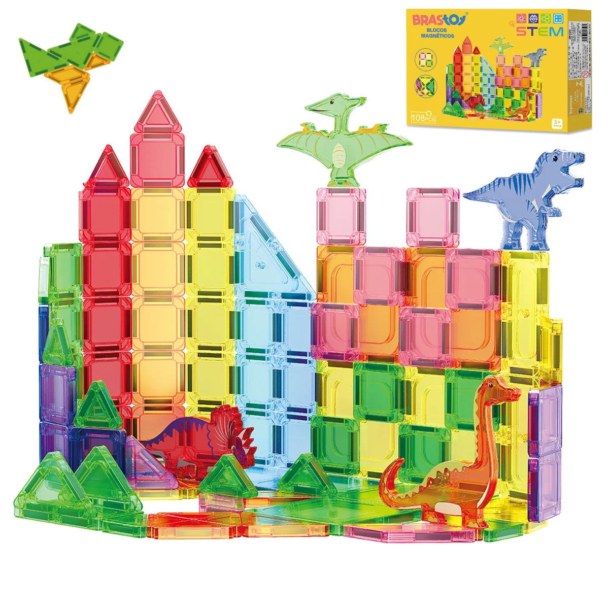 Blocos de Montar Magnéticos 108 Peças Brastoy Brinquedo Educativo Construção Tema Dinossauros