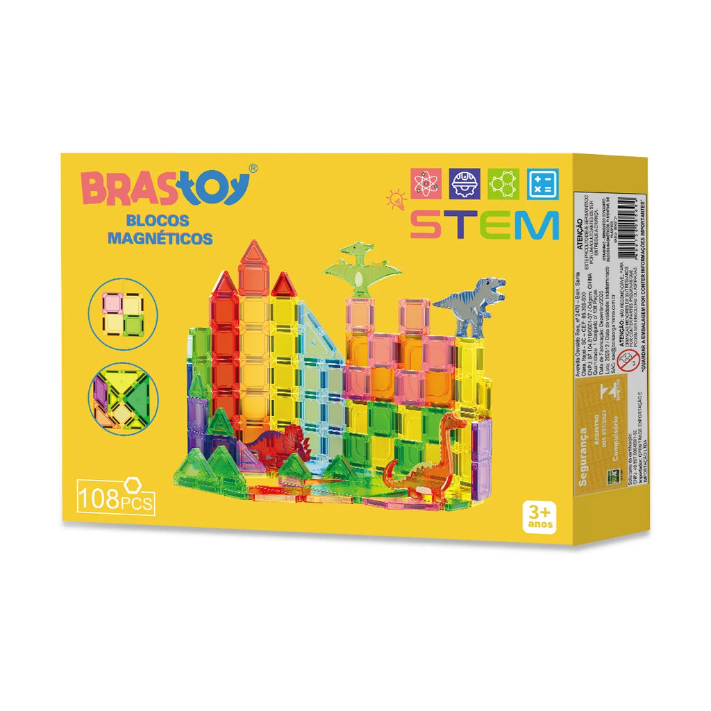 Blocos de Montar Magnéticos 108 Peças Brastoy Brinquedo Educativo Construção Tema Dinossauros