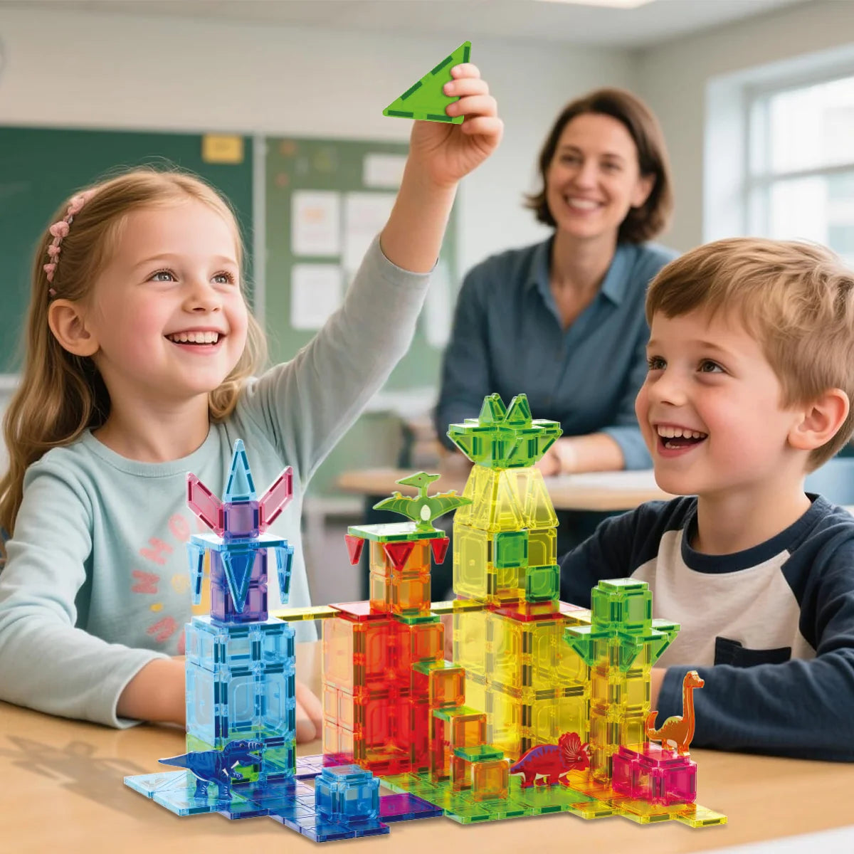 Blocos de Montar Magnéticos 108 Peças Brastoy Brinquedo Educativo Construção Tema Dinossauros