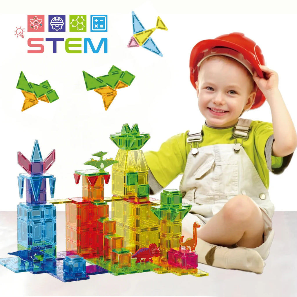 Blocos de Montar Magnéticos 108 Peças Brastoy Brinquedo Educativo Construção Tema Dinossauros