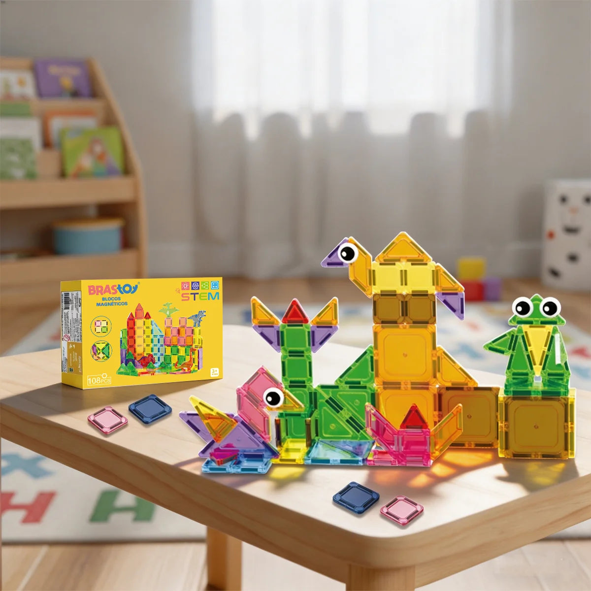 Blocos de Montar Magnéticos 108 Peças Brastoy Brinquedo Educativo Construção Tema Dinossauros