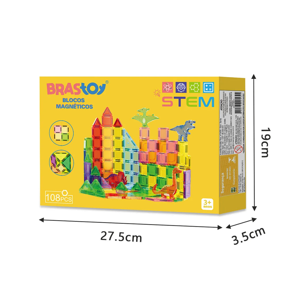 Blocos de Montar Magnéticos 108 Peças Brastoy Brinquedo Educativo Construção Tema Dinossauros