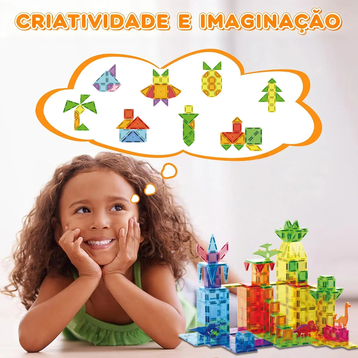 Blocos de Montar Magnéticos 108 Peças Brastoy Brinquedo Educativo Construção Tema Dinossauros