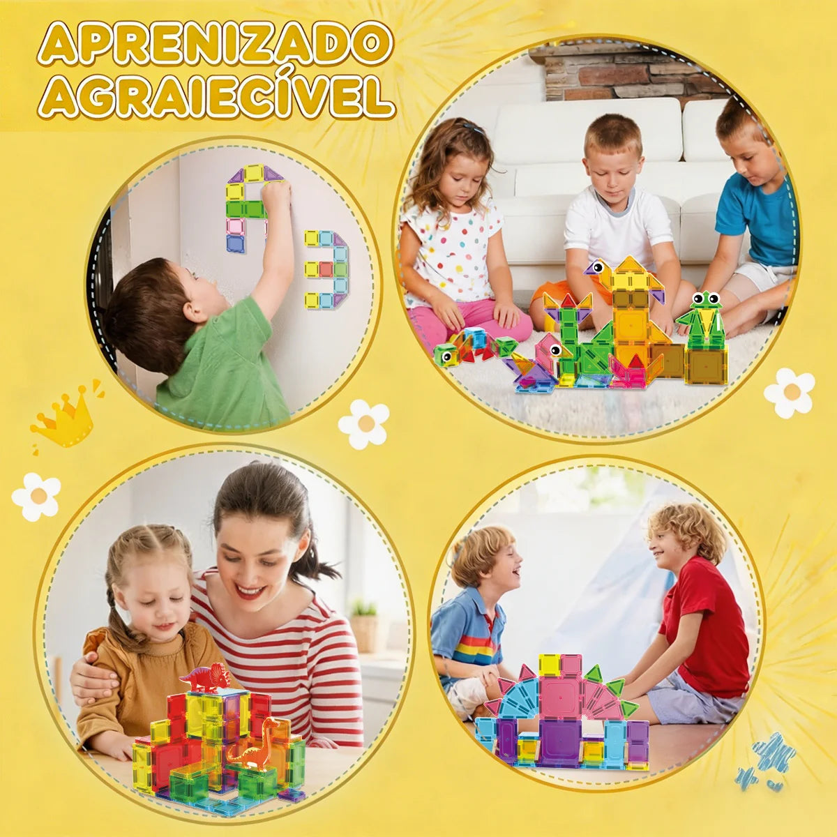 Blocos de Montar Magnéticos 108 Peças Brastoy Brinquedo Educativo Construção Tema Dinossauros