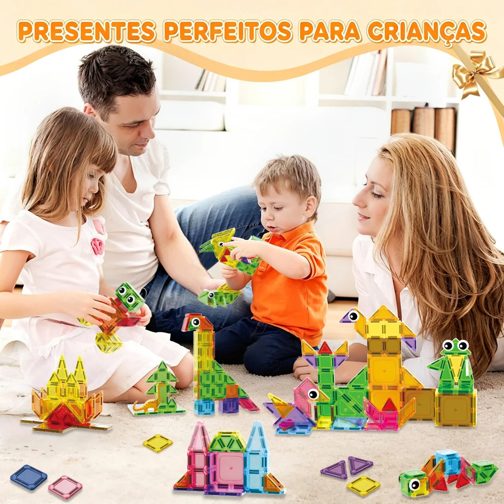 Blocos de Montar Magnéticos 108 Peças Brastoy Brinquedo Educativo Construção Tema Dinossauros
