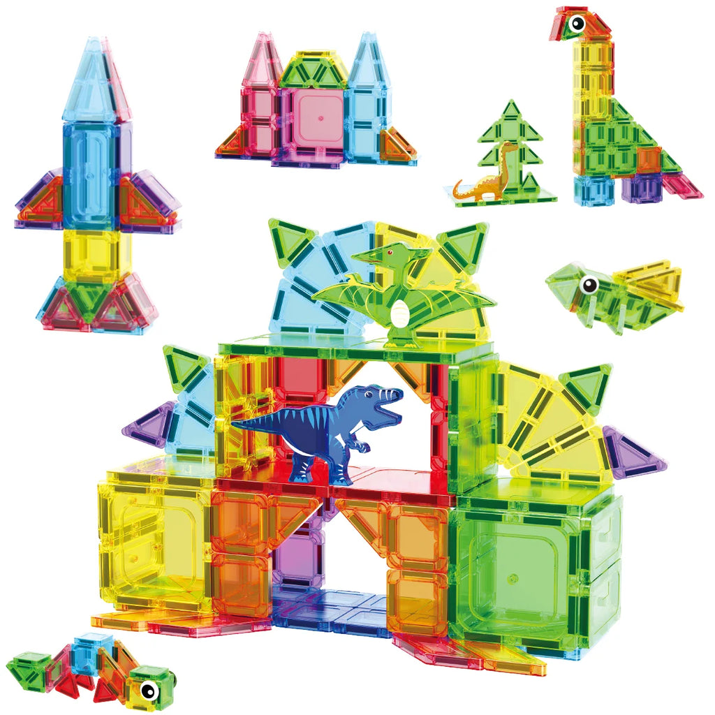 Blocos de Montar Magnéticos 108 Peças Brastoy Brinquedo Educativo Construção Tema Dinossauros