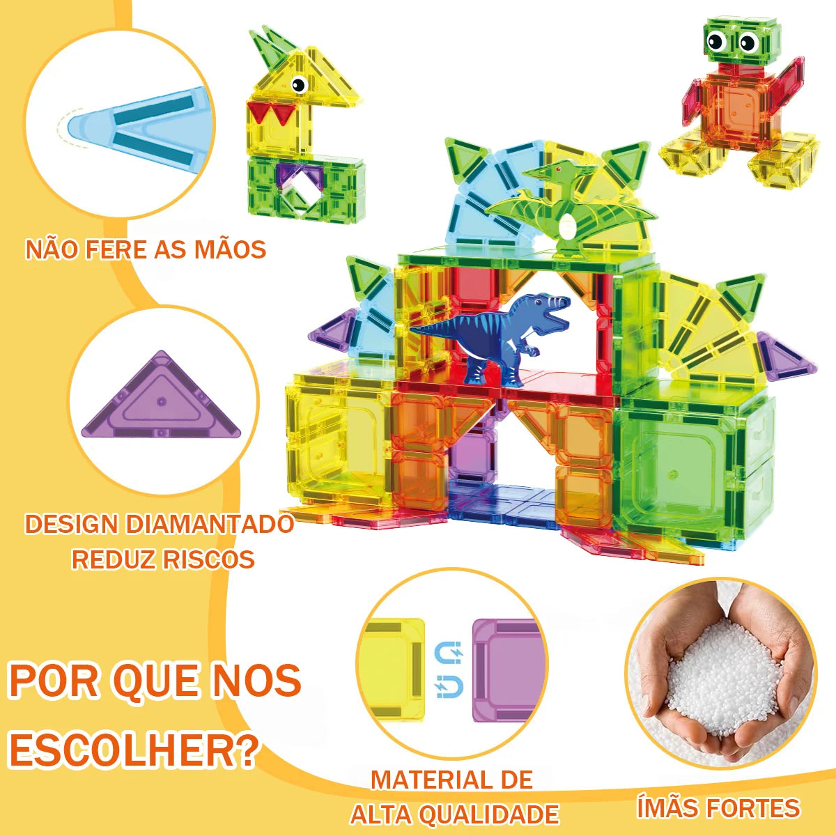 Blocos de Montar Magnéticos 108 Peças Brastoy Brinquedo Educativo Construção Tema Dinossauros