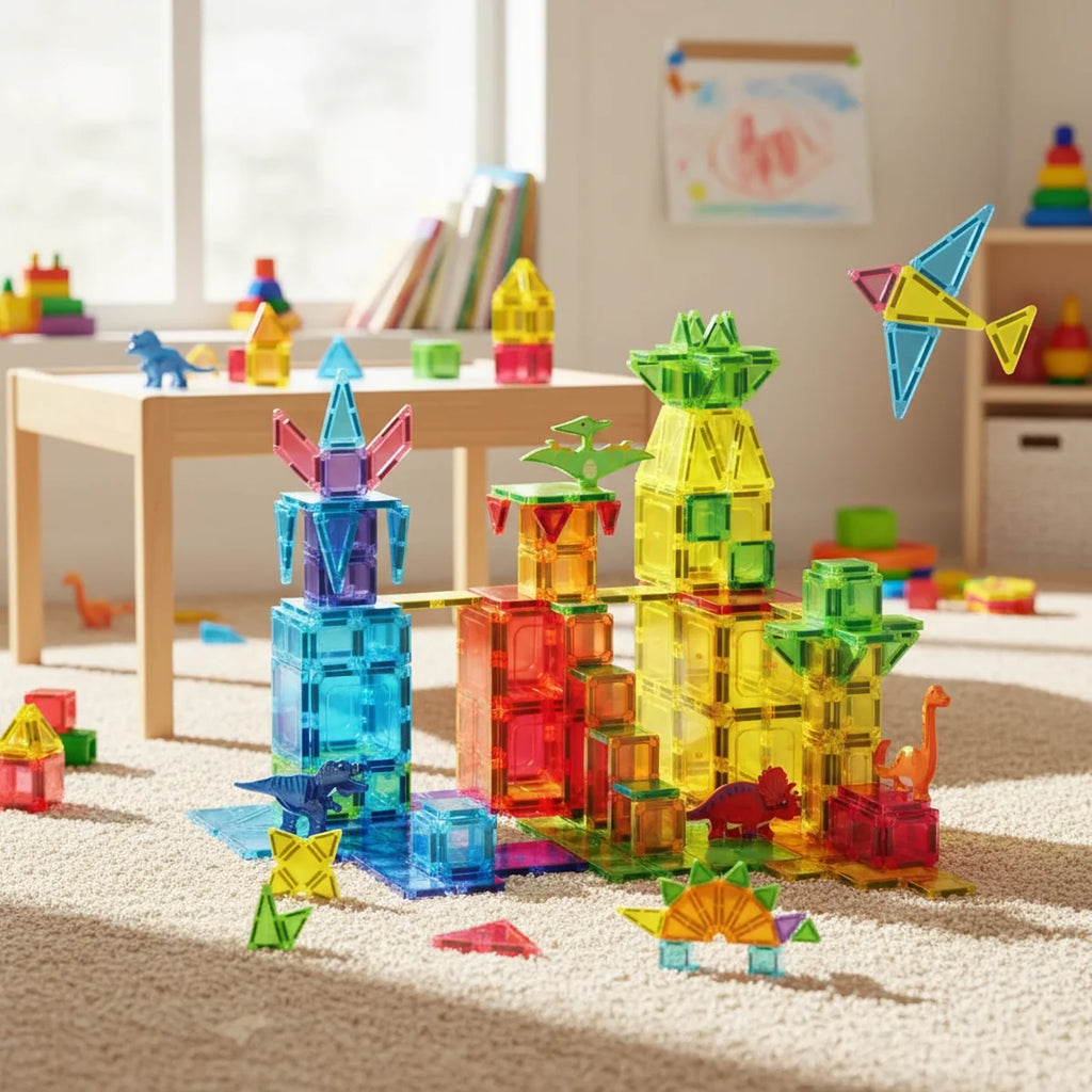 Blocos de Montar Magnéticos 108 Peças Brastoy Brinquedo Educativo Construção Tema Dinossauros