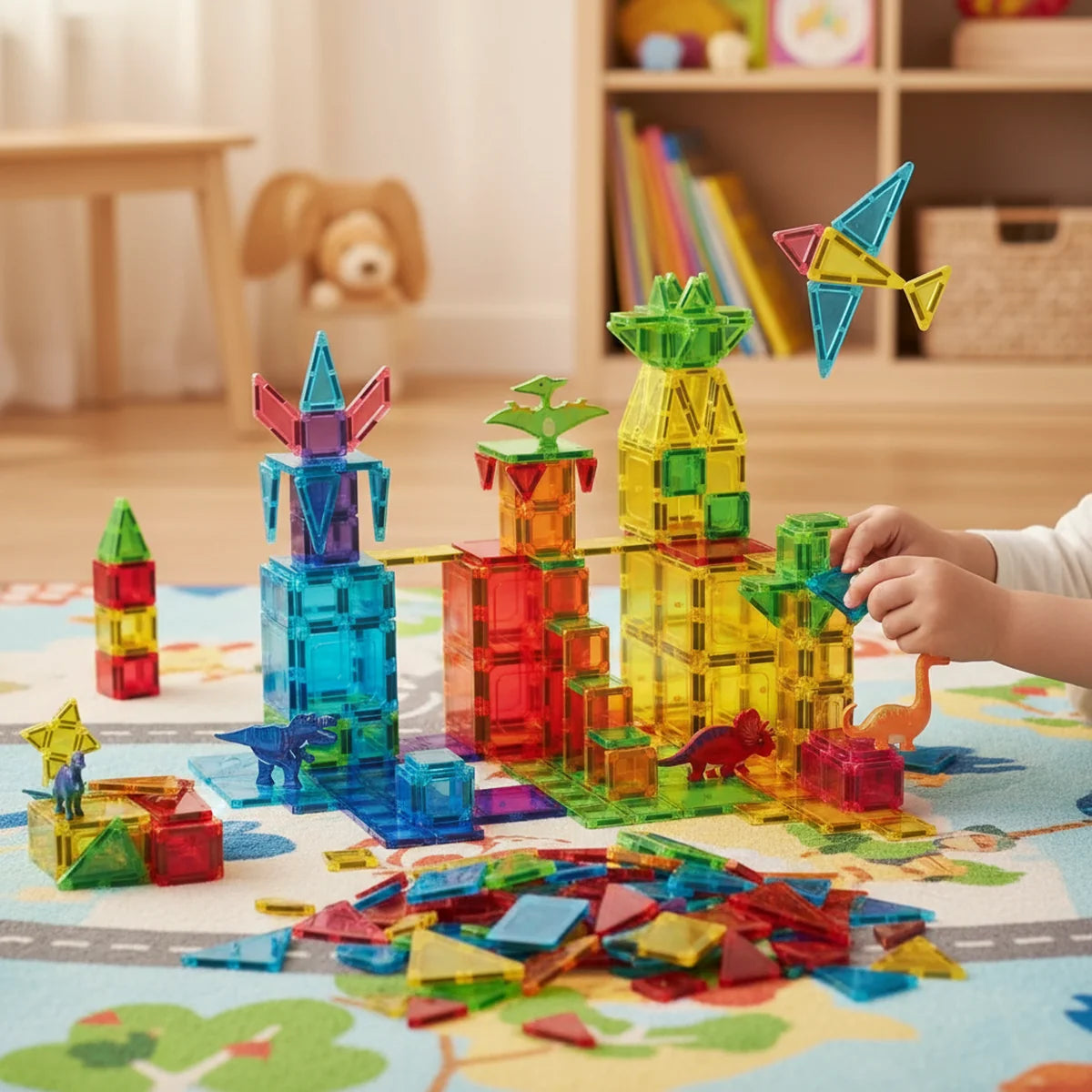 Blocos de Montar Magnéticos 108 Peças Brastoy Brinquedo Educativo Construção Tema Dinossauros