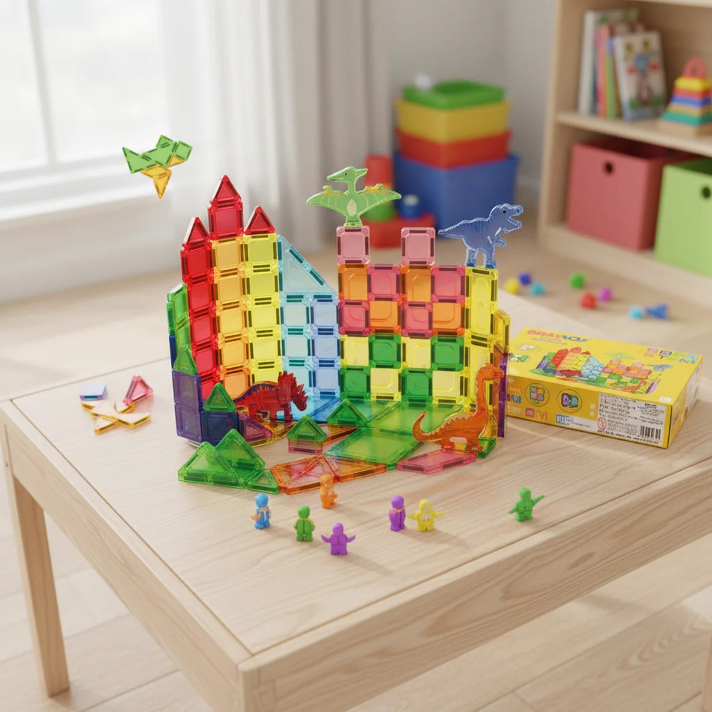 Blocos de Montar Magnéticos 108 Peças Brastoy Brinquedo Educativo Construção Tema Dinossauros