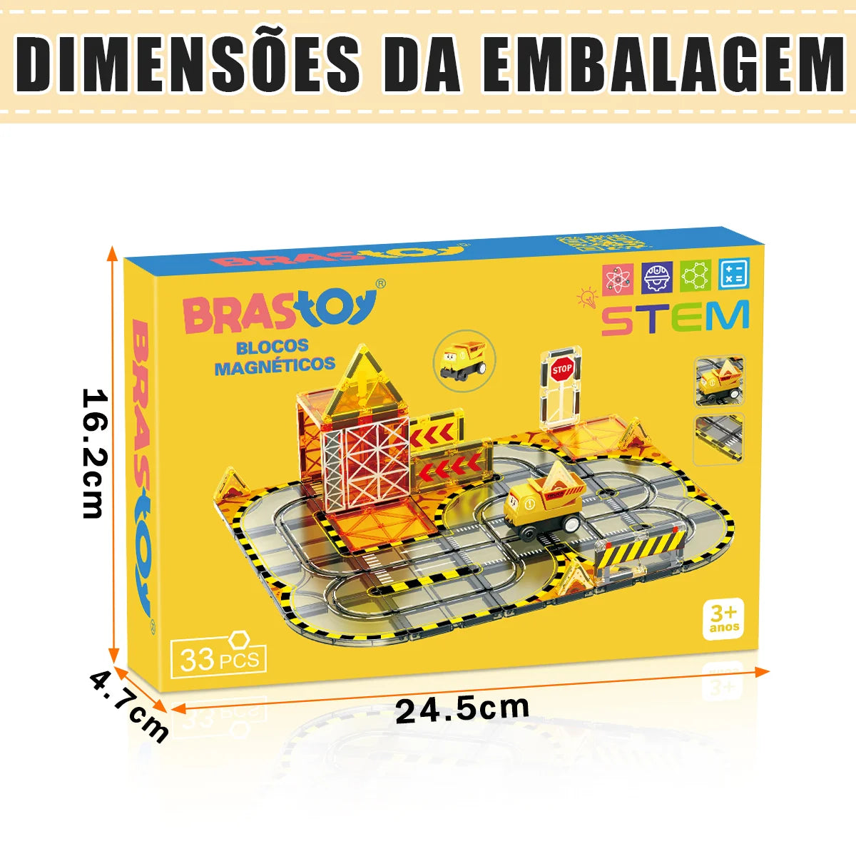 Blocos de Montar Magnéticos 33 Peças Brastoy Brinquedo Educativo Infantil Construção