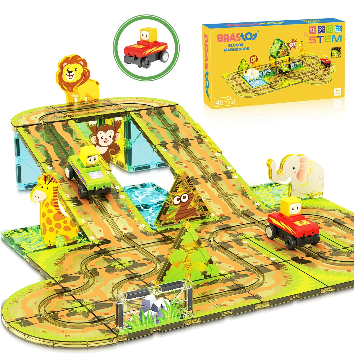 Blocos de Montar Magnéticos 45 Peças Brastoy Brinquedo Educativo Infantil Construção Tema Safari com Animais
