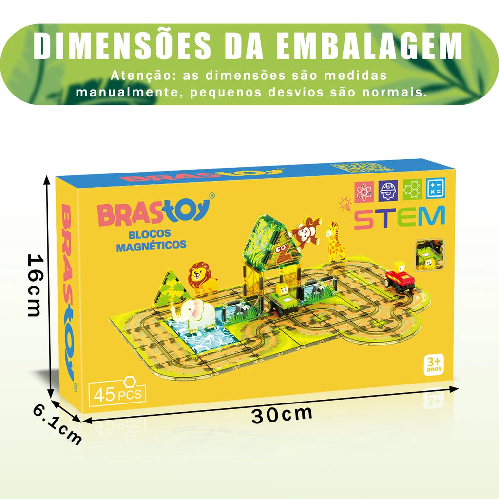 Blocos de Montar Magnéticos 45 Peças Brastoy Brinquedo Educativo Infantil Construção Tema Safari com Animais