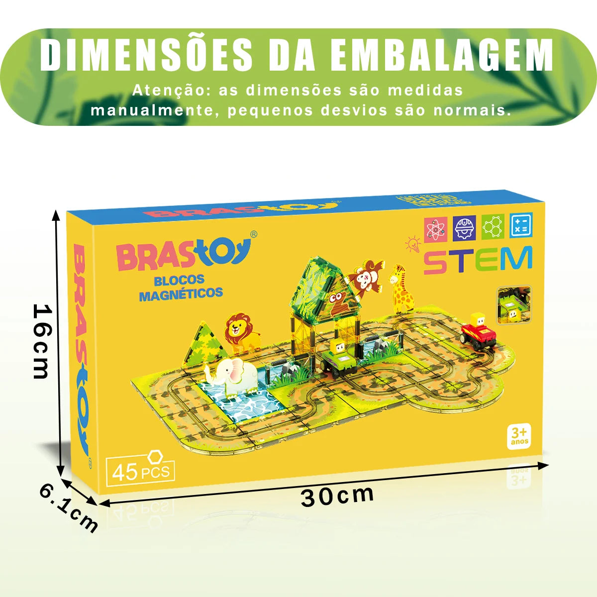 Blocos de Montar Magnéticos 45 Peças Brastoy Brinquedo Educativo Infantil Construção Tema Safari com Animais