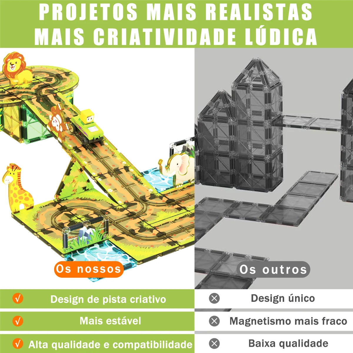 Blocos de Montar Magnéticos 45 Peças Brastoy Brinquedo Educativo Infantil Construção Tema Safari com Animais