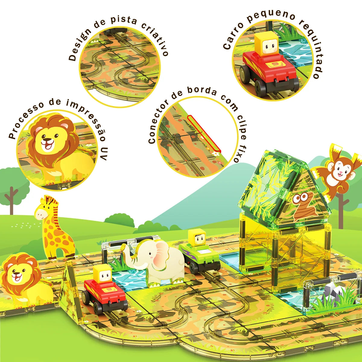 Blocos de Montar Magnéticos 45 Peças Brastoy Brinquedo Educativo Infantil Construção Tema Safari com Animais