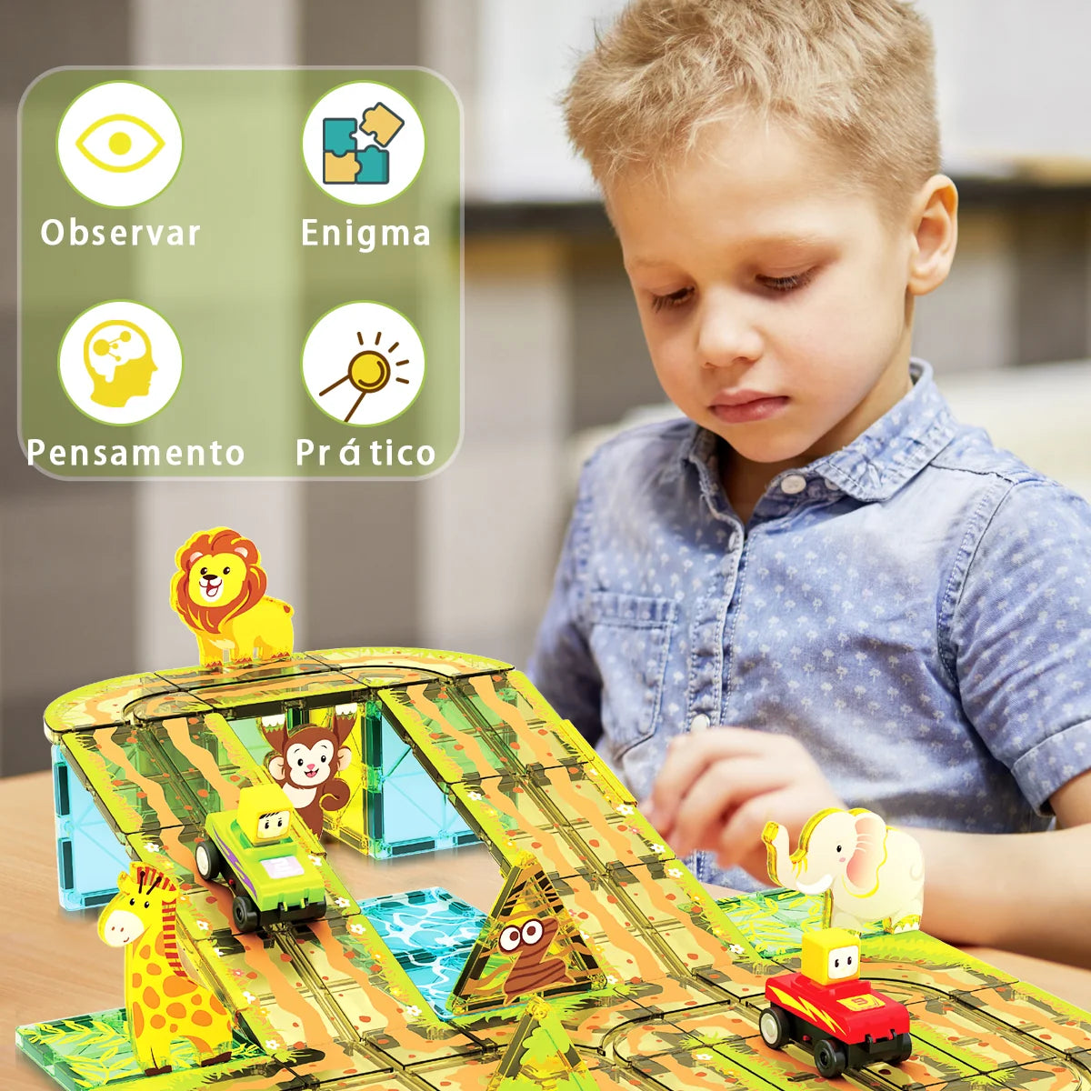 Blocos de Montar Magnéticos 45 Peças Brastoy Brinquedo Educativo Infantil Construção Tema Safari com Animais