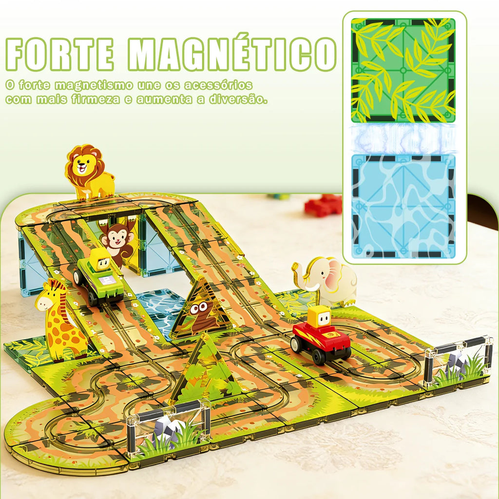 Blocos de Montar Magnéticos 45 Peças Brastoy Brinquedo Educativo Infantil Construção Tema Safari com Animais