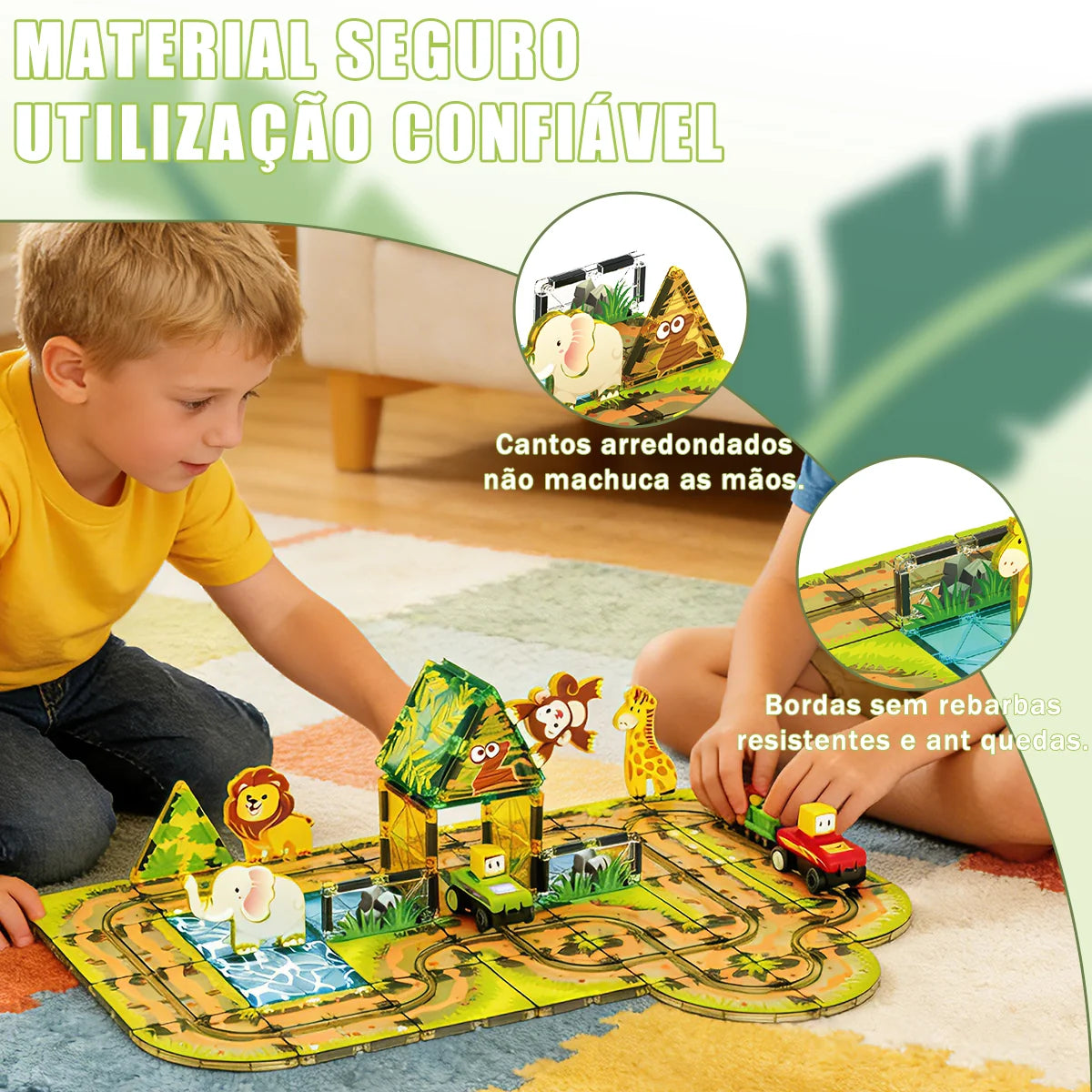 Blocos de Montar Magnéticos 45 Peças Brastoy Brinquedo Educativo Infantil Construção Tema Safari com Animais