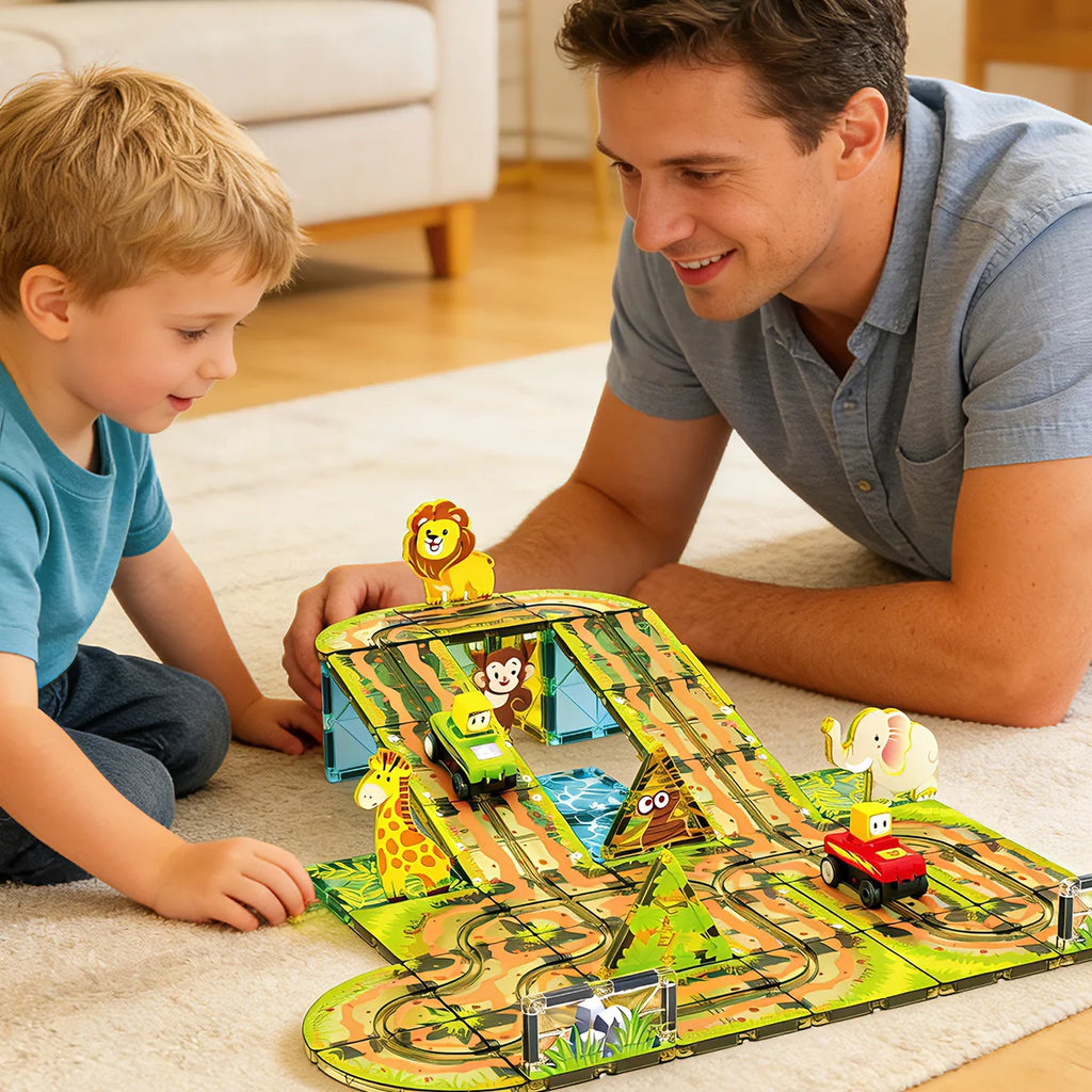 Blocos de Montar Magnéticos 45 Peças Brastoy Brinquedo Educativo Infantil Construção Tema Safari com Animais